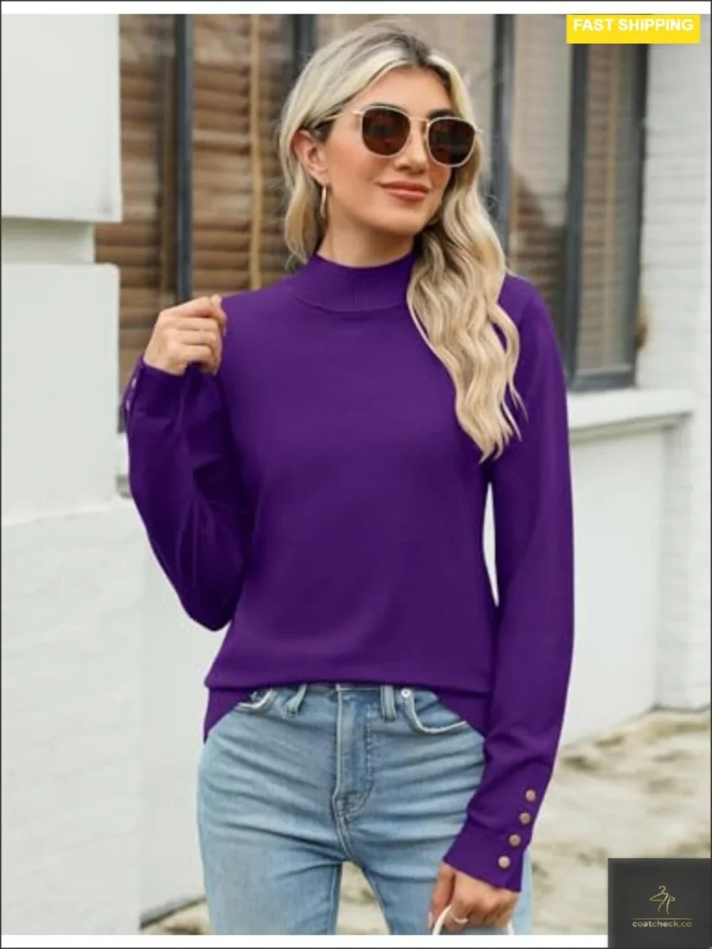 Mock Neck Long Sleeve Knit Sweater Pullover Lightweight Button Cuffs Fall